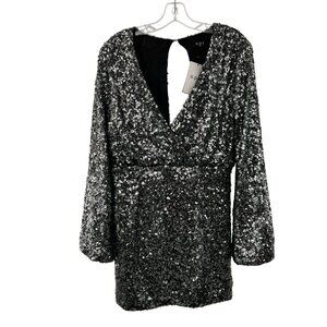 O.P.T Sequin Mini Dress Long Sleeve V-Neck Silver Open Back Size Medium New